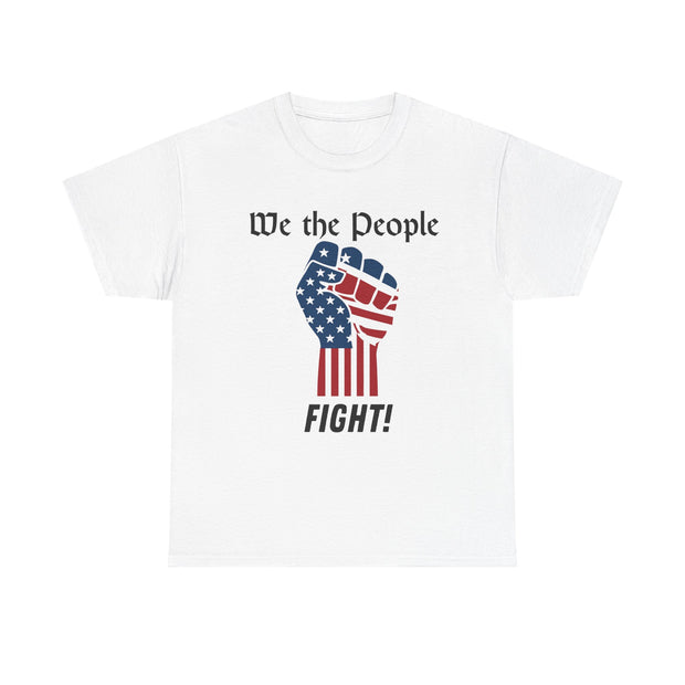 White t-shirt with 'We the People' and fist graphic design on a white background
