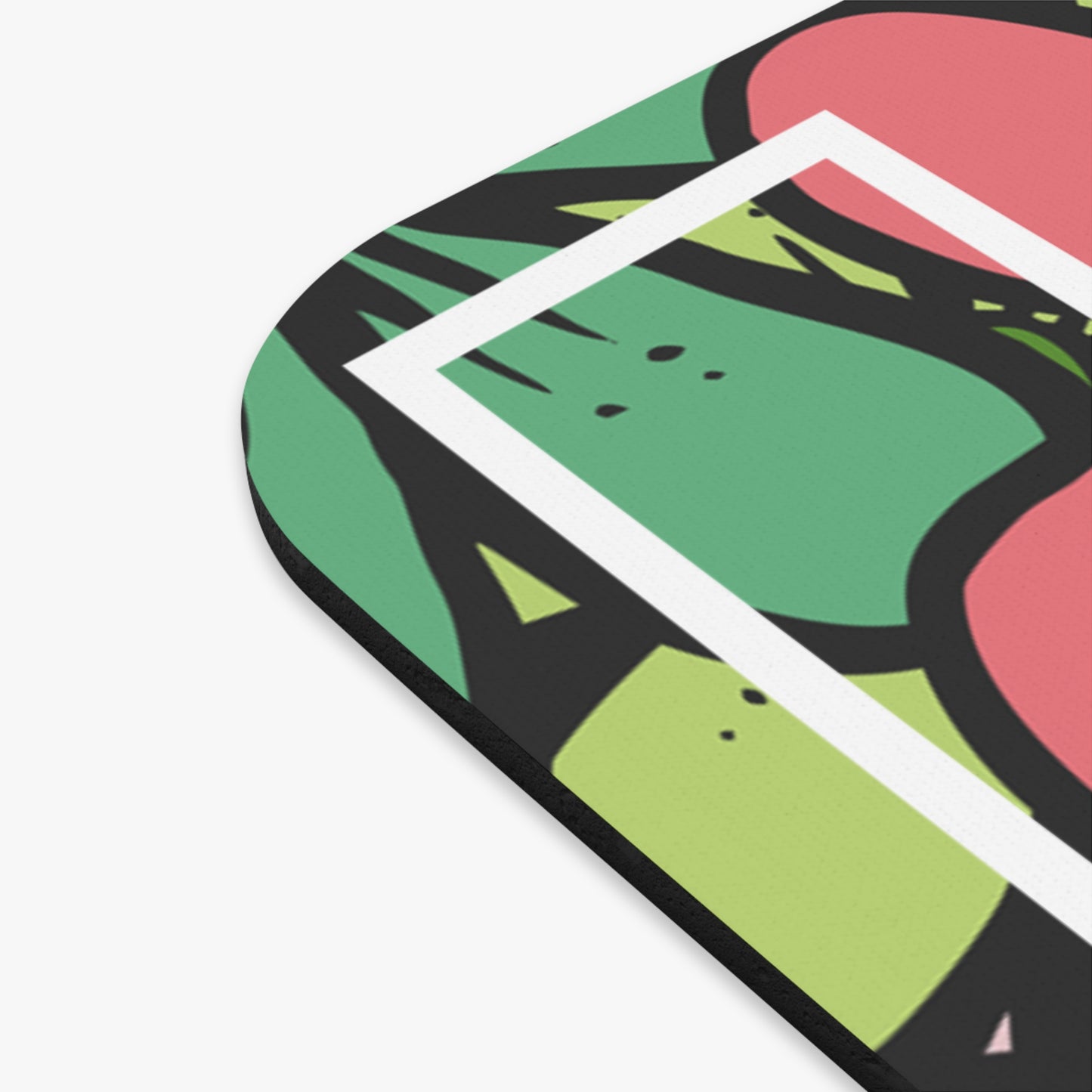 Colorful geometric design with green, pink, and black shapes on a white background