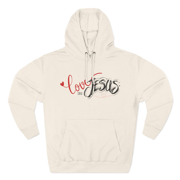 Beige hoodie with 'Love Jesus' text on a white background