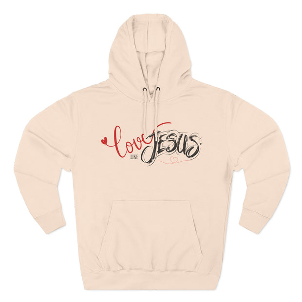 Beige hoodie with 'Love Jesus' text on a white background