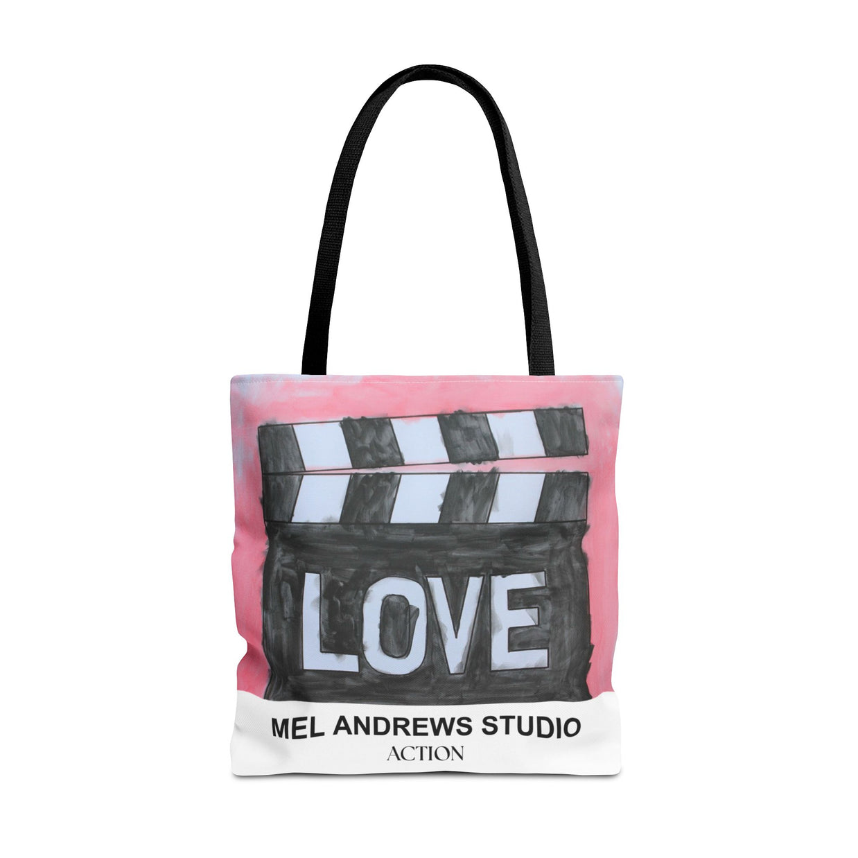 Tote bag with clapperboard design and 'LOVE' text on a white background