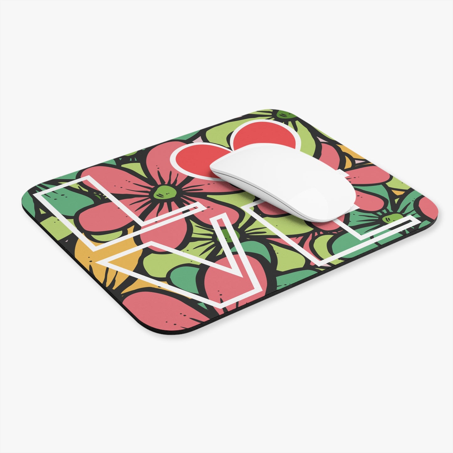 Floral mouse pad with a white mouse on a white background