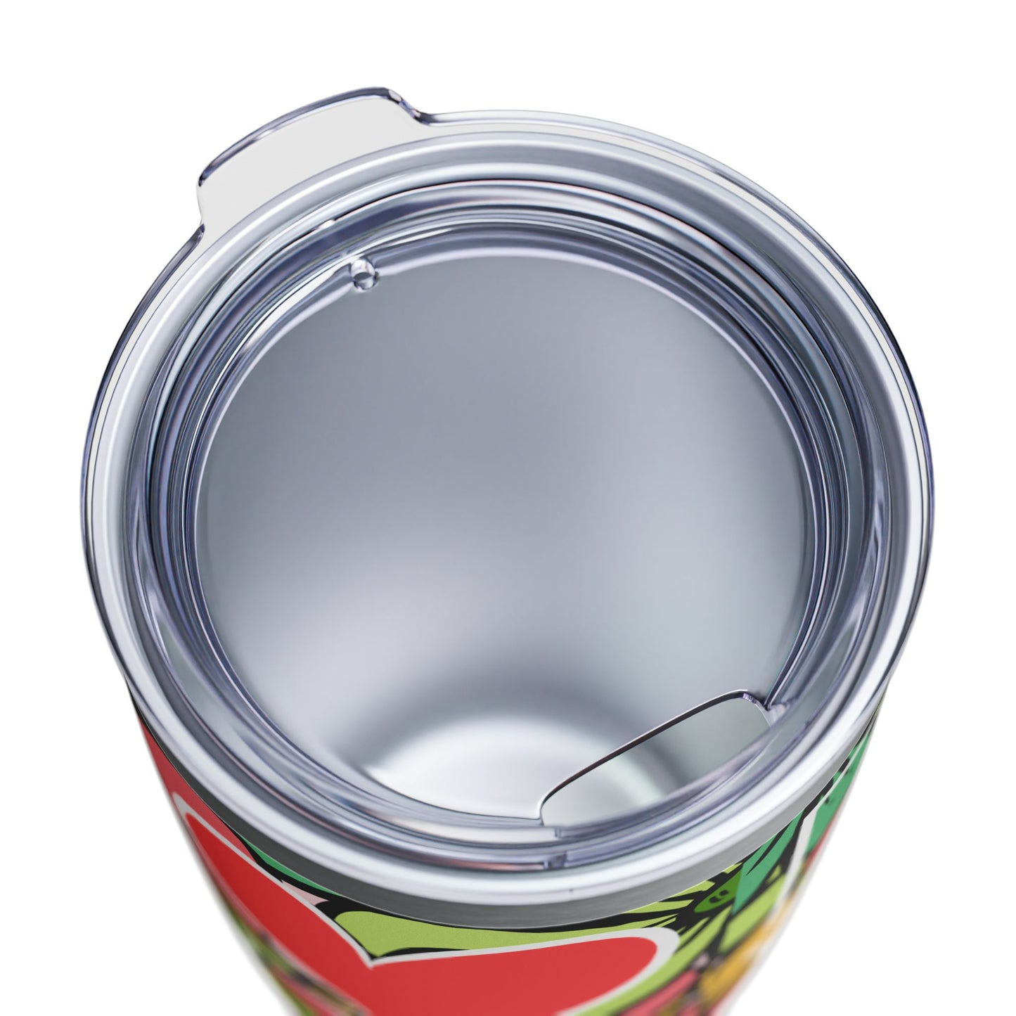 Close-up of a colorful tumbler with a clear lid on a white background