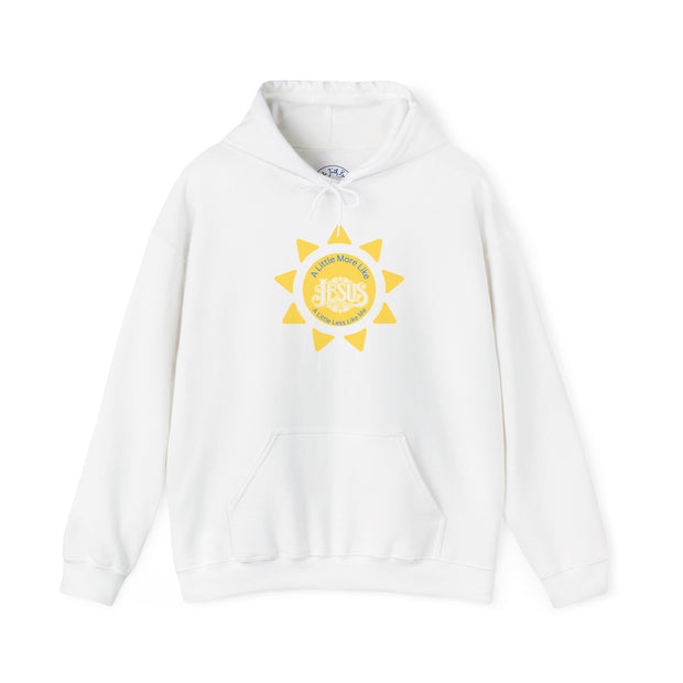 White hoodie with a yellow sun graphic and text on a white background