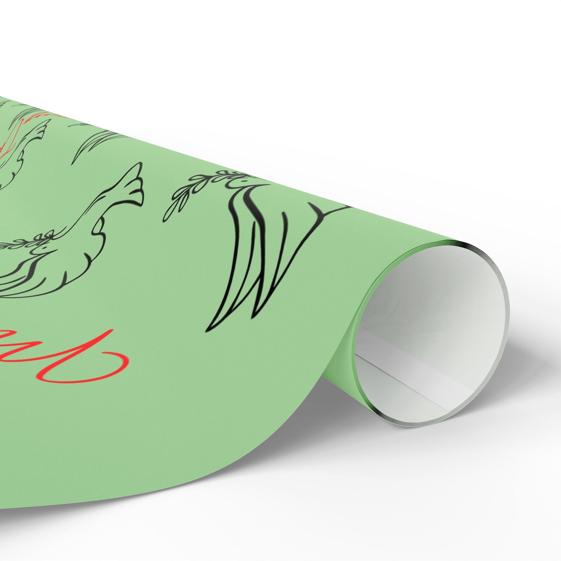 Rolled-up green paper with black and red designs on a white background