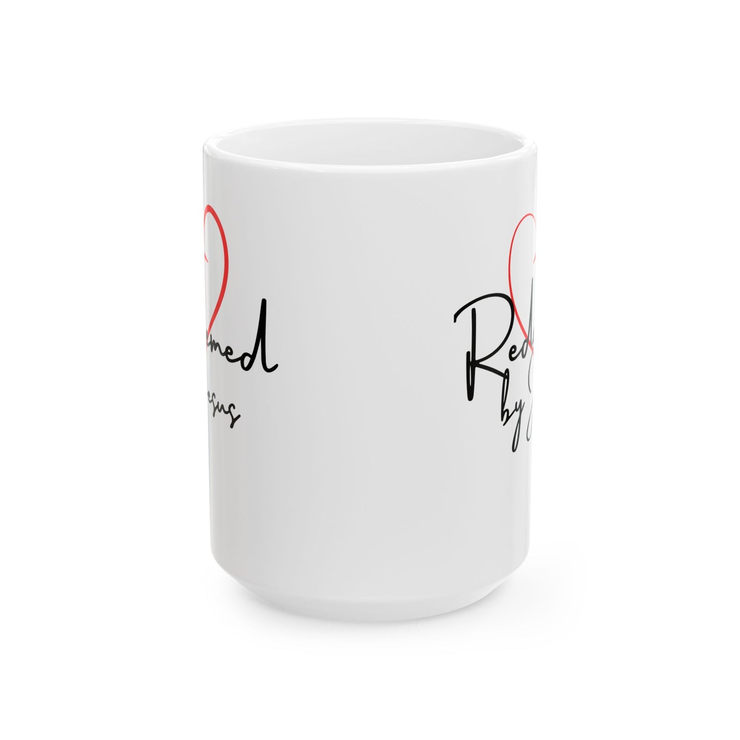 White mug with text and heart designs on a white background