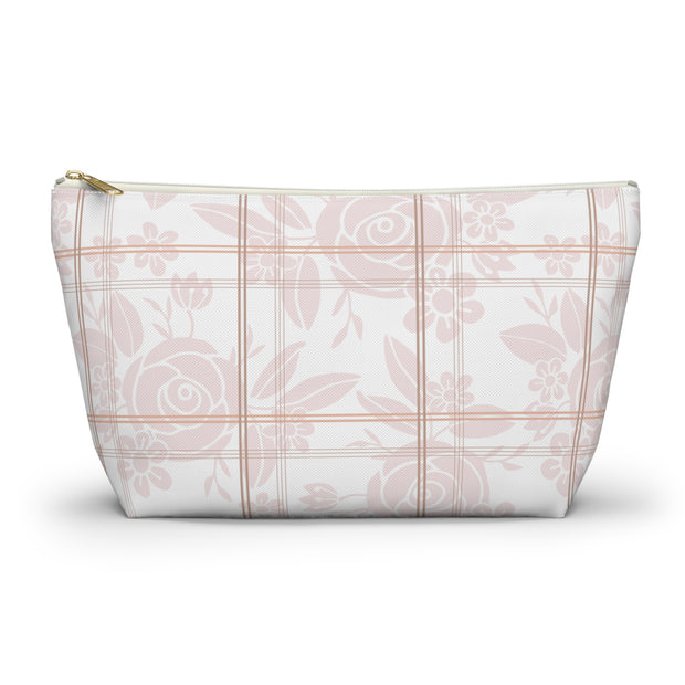 Cosmetic bag with floral and checkered pattern on a white background