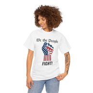 Woman wearing a white t-shirt with 'We the People' and fist graphic on a white background