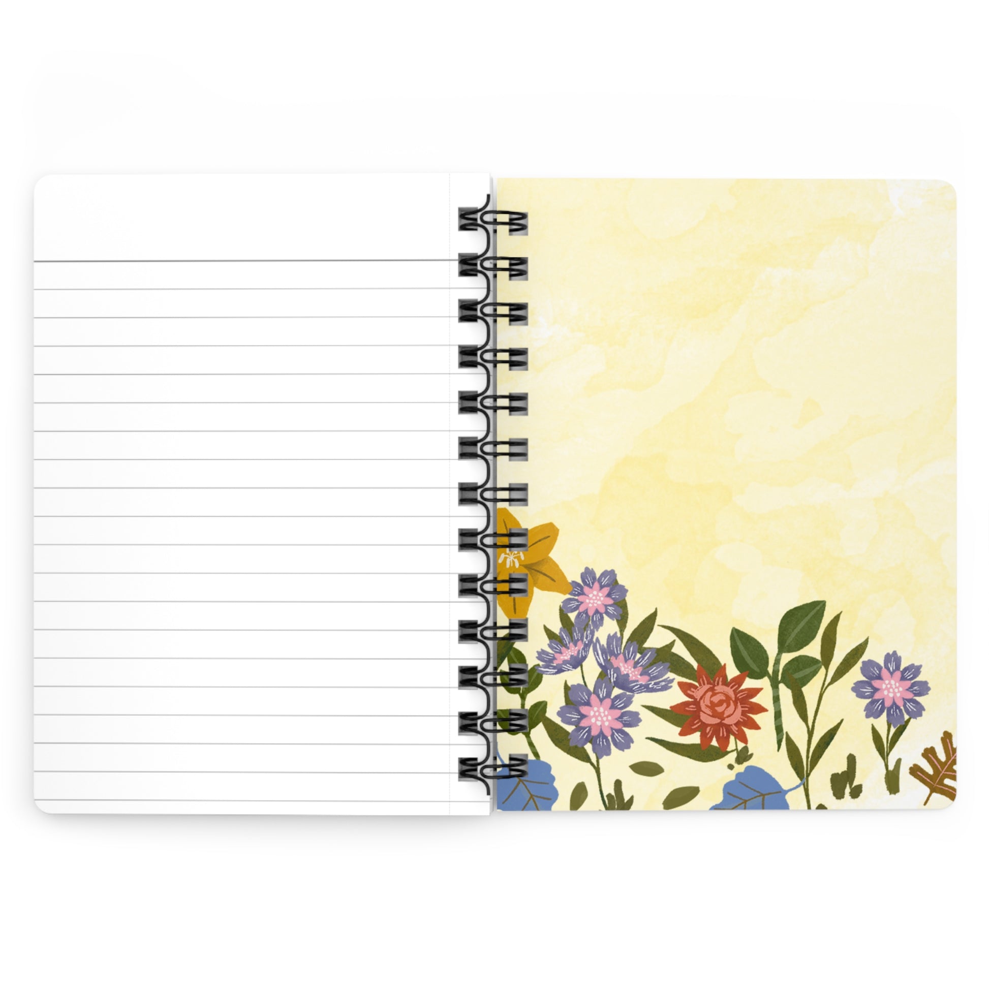 Inside back-cover view of a notebook with floral design on a yellow background