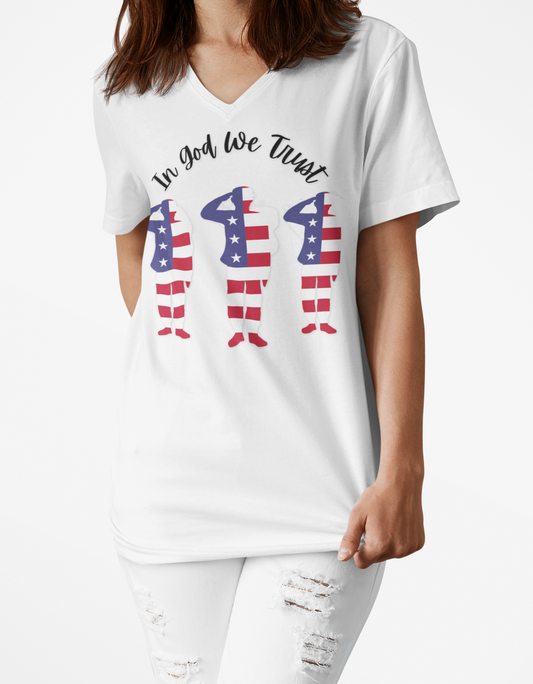 White t-shirt with 'In God We Trust' and American flag design, worn by a person.