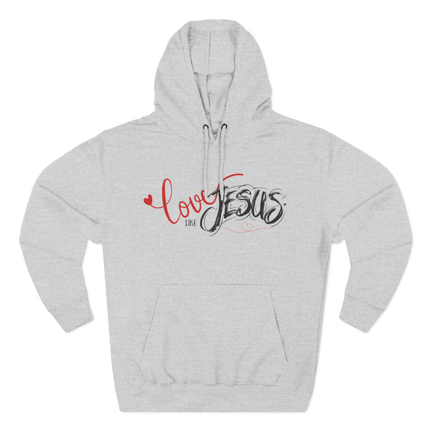Gray hoodie with 'Love Jesus' text on a white background