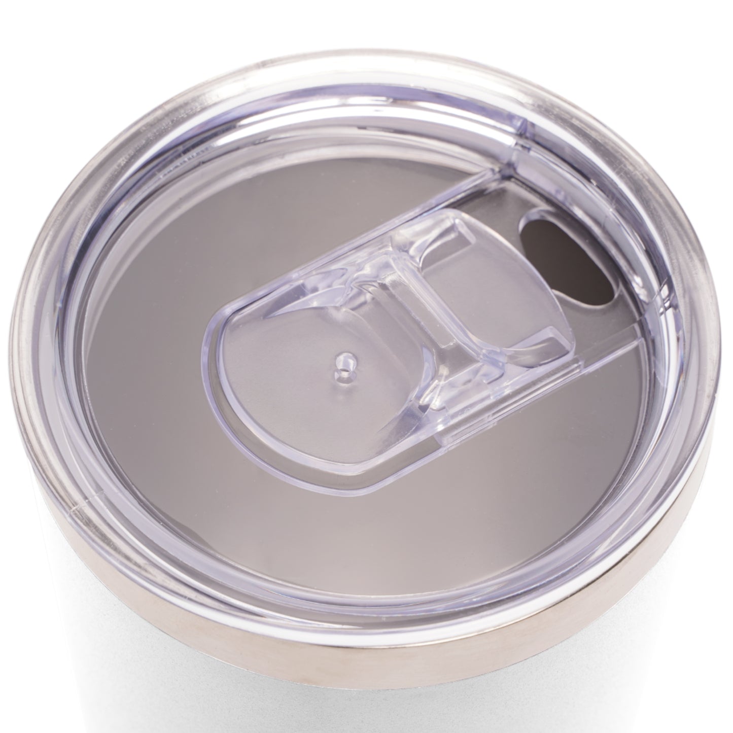 Clear plastic lid with a silver rim on a white background