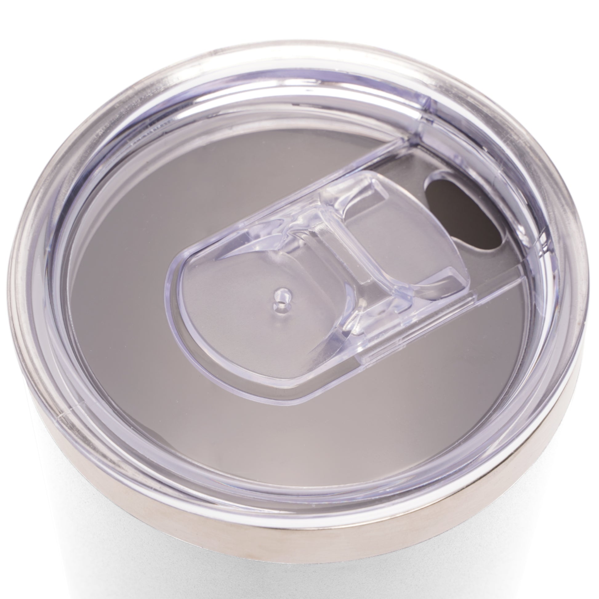 Clear plastic lid with a silver rim on a white background