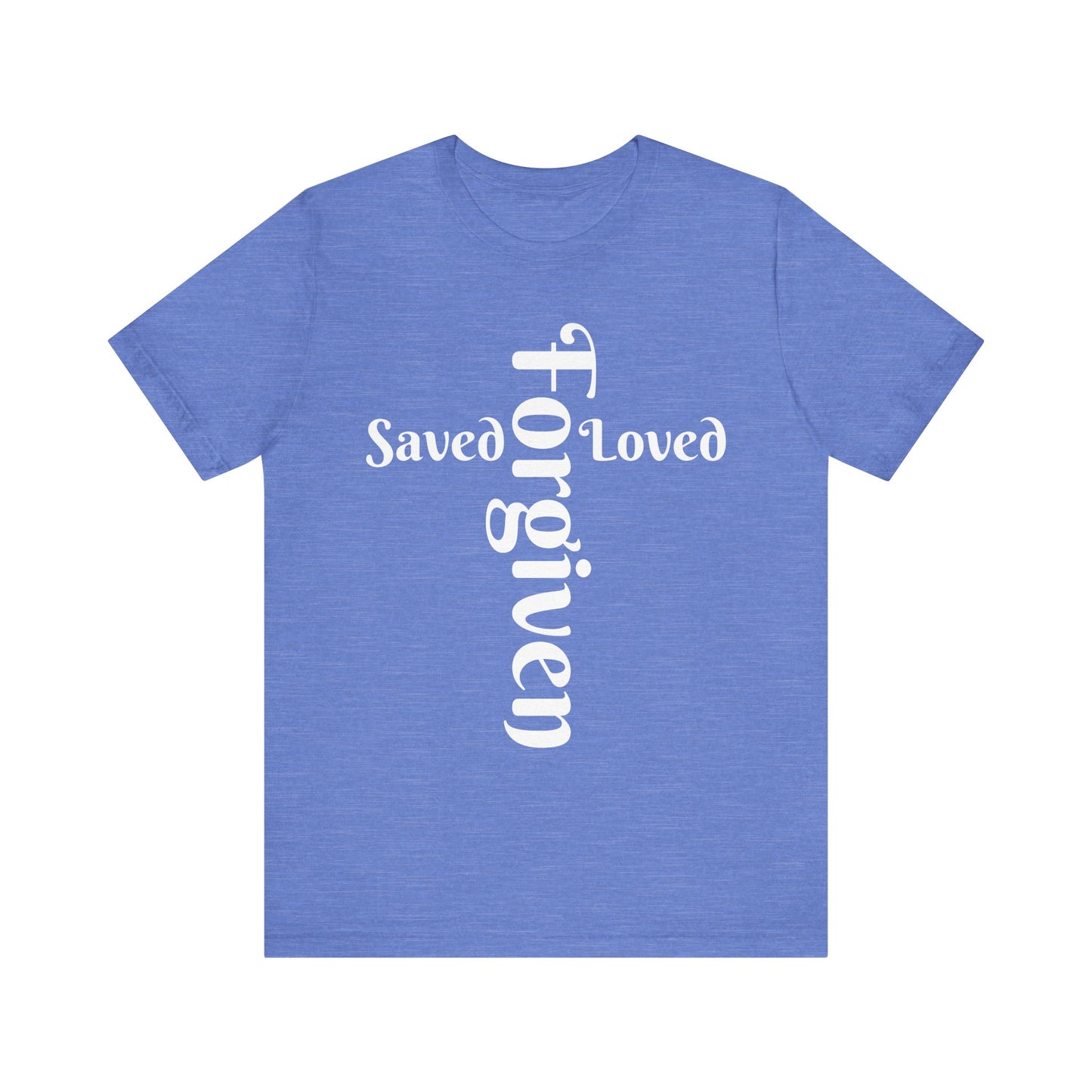 Blue t-shirt with white text 'Saved Loved Forgiven' on a white background