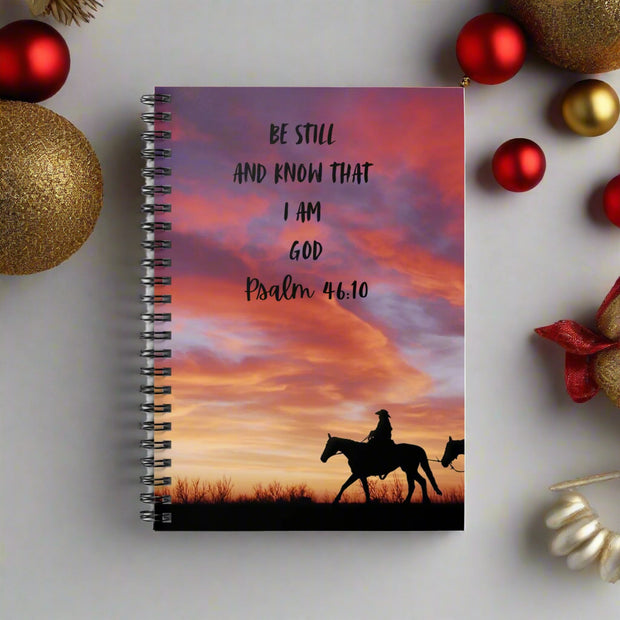 Notebook with a sunset design and silhouette of a person on a horse, featuring the text 'Be still and know that I am God Psalm 46:10'.