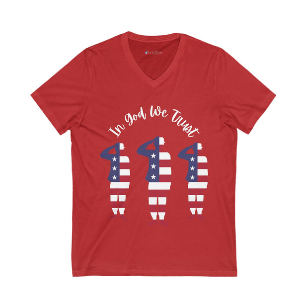 Red t-shirt with 'In god We Trust' and a soldier-shaped American flag design on a white background