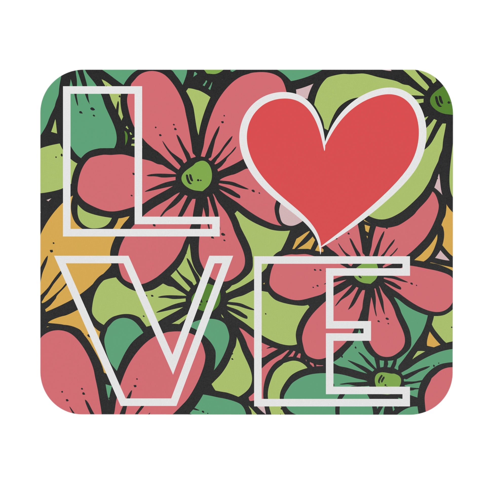Floral design with 'LOVE' text on a colorful background