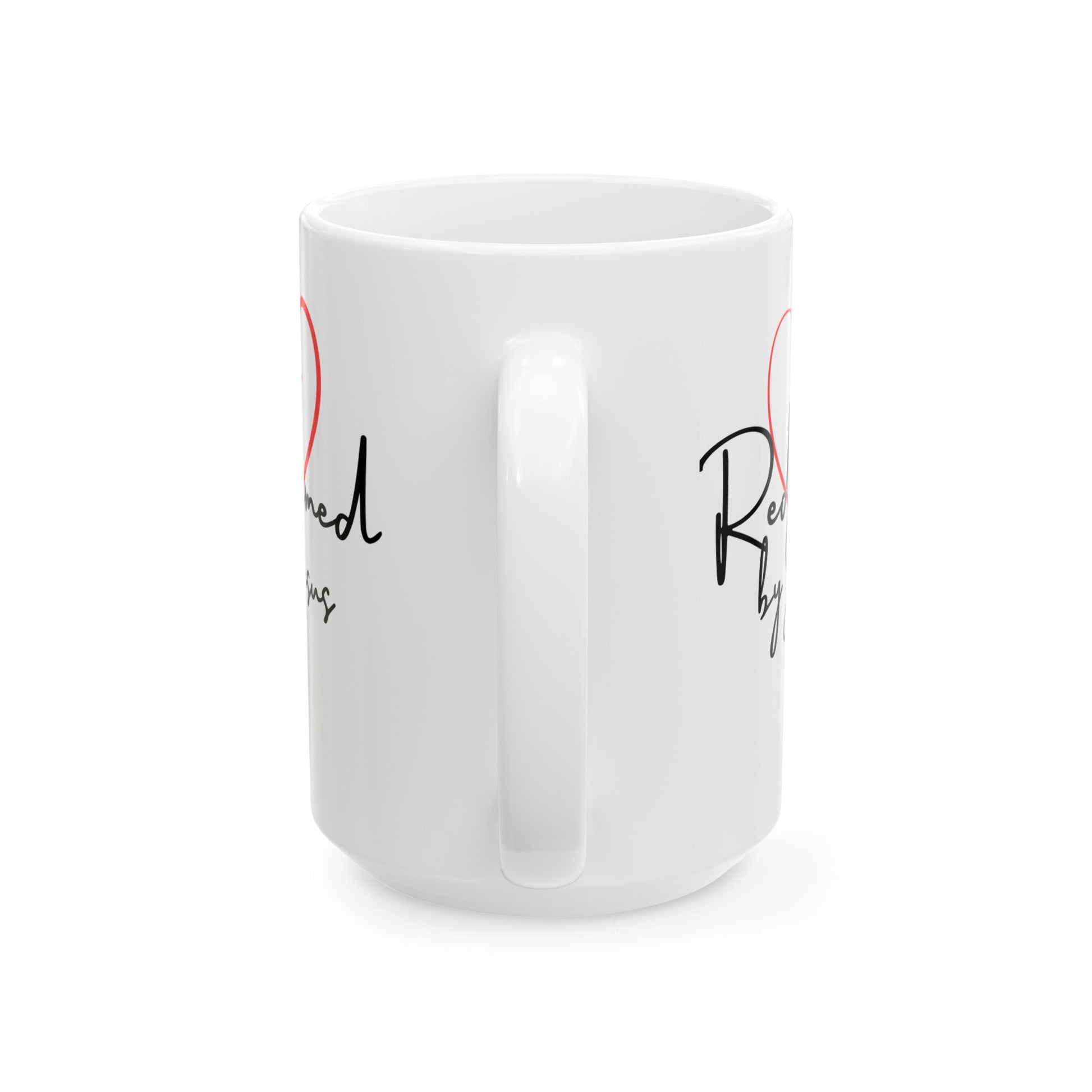 White mug with text on a white background