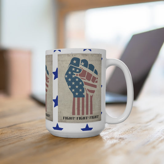 Mug with American flag design on a wooden surface