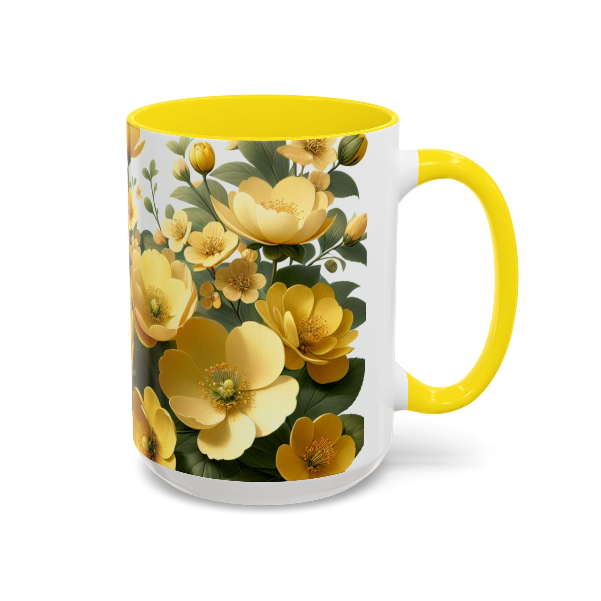 Mug with yellow floral design on a white background