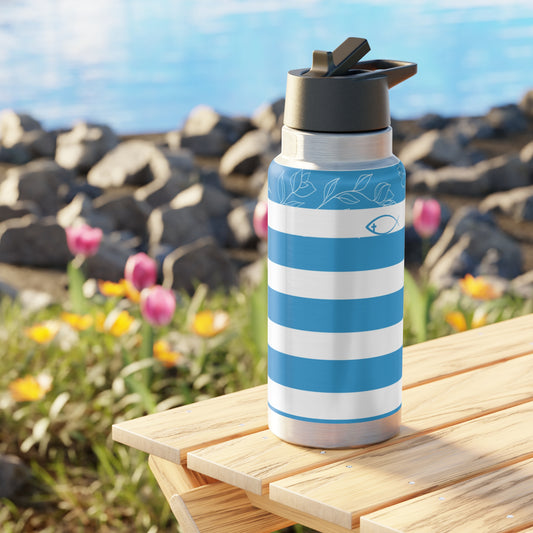 Blue and white striped water bottle on a wooden table with a scenic background