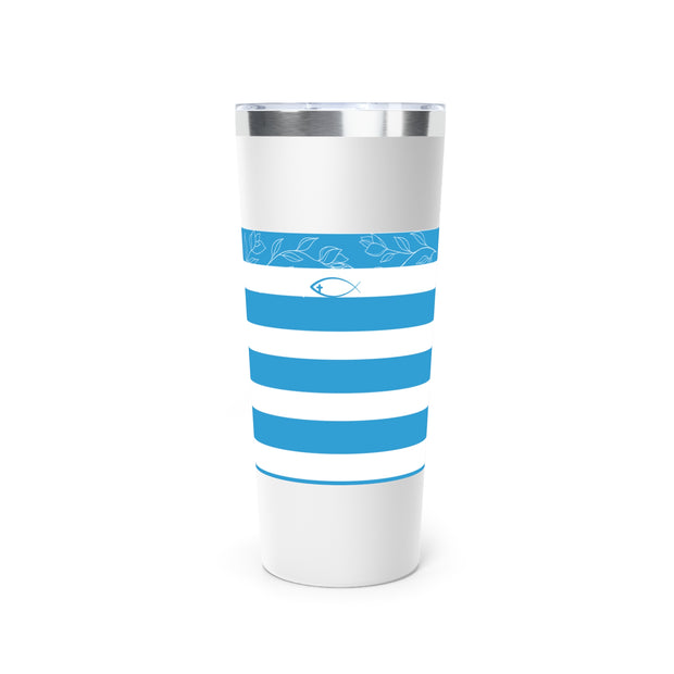 White tumbler with blue stripes and a silver lid on a white background