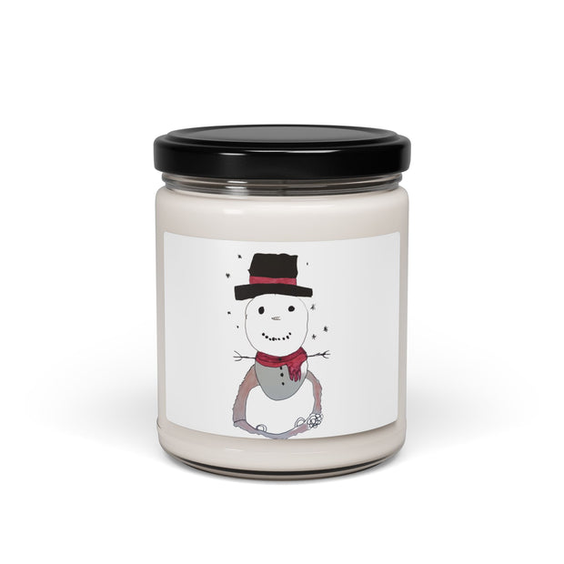 Candle jar with a snowman design on a white background