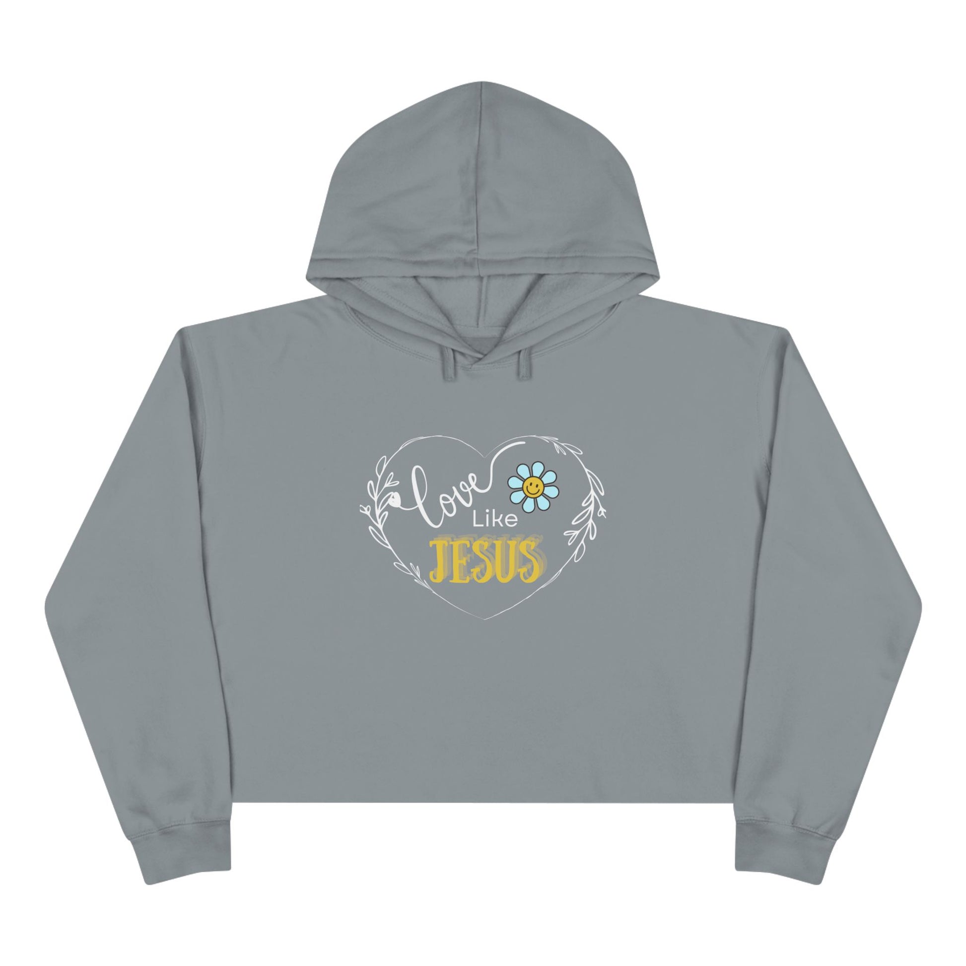 Gray hoodie with 'Love Like Jesus' design on a white background