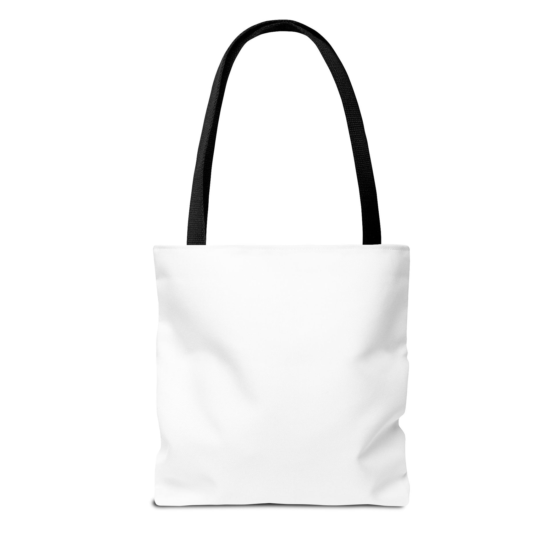 White tote bag with black handle on a white background