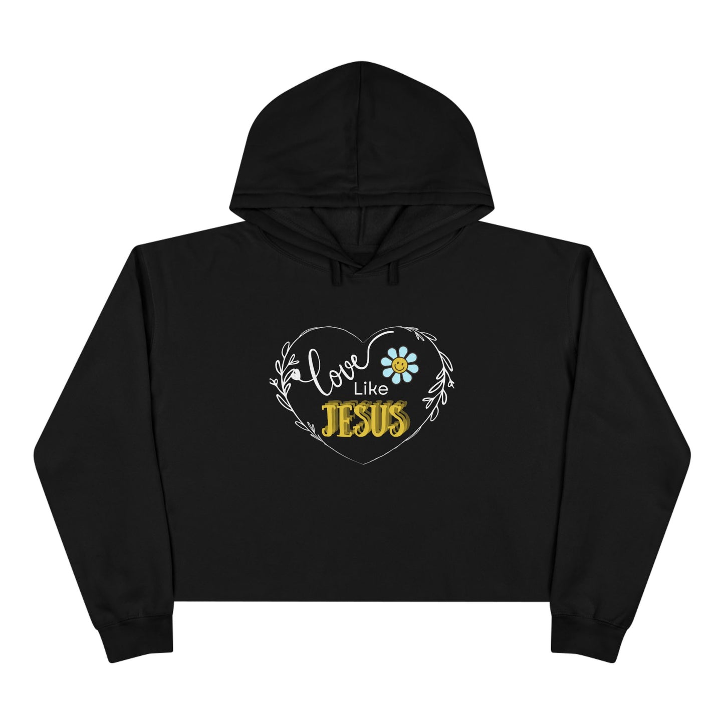 Black hoodie with 'Love Like Jesus' design on a white background