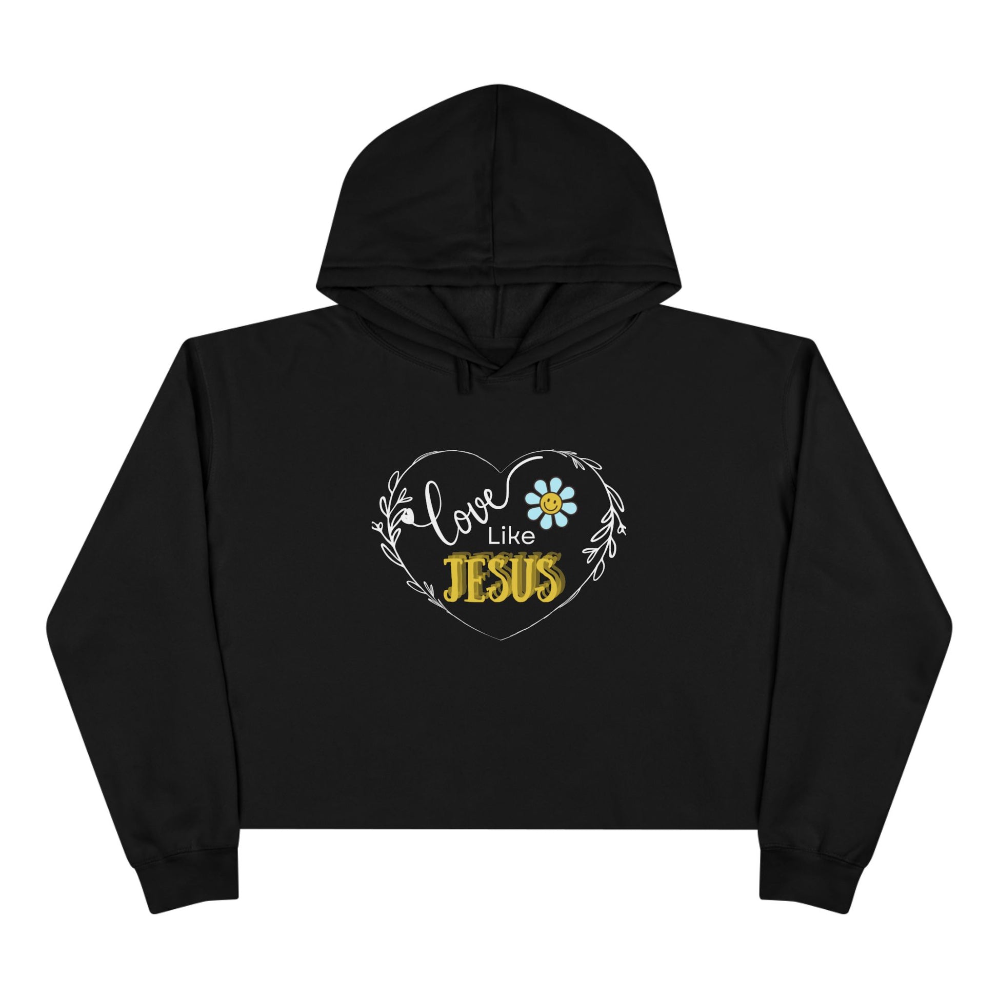 Black hoodie with 'Love Like Jesus' design on a white background