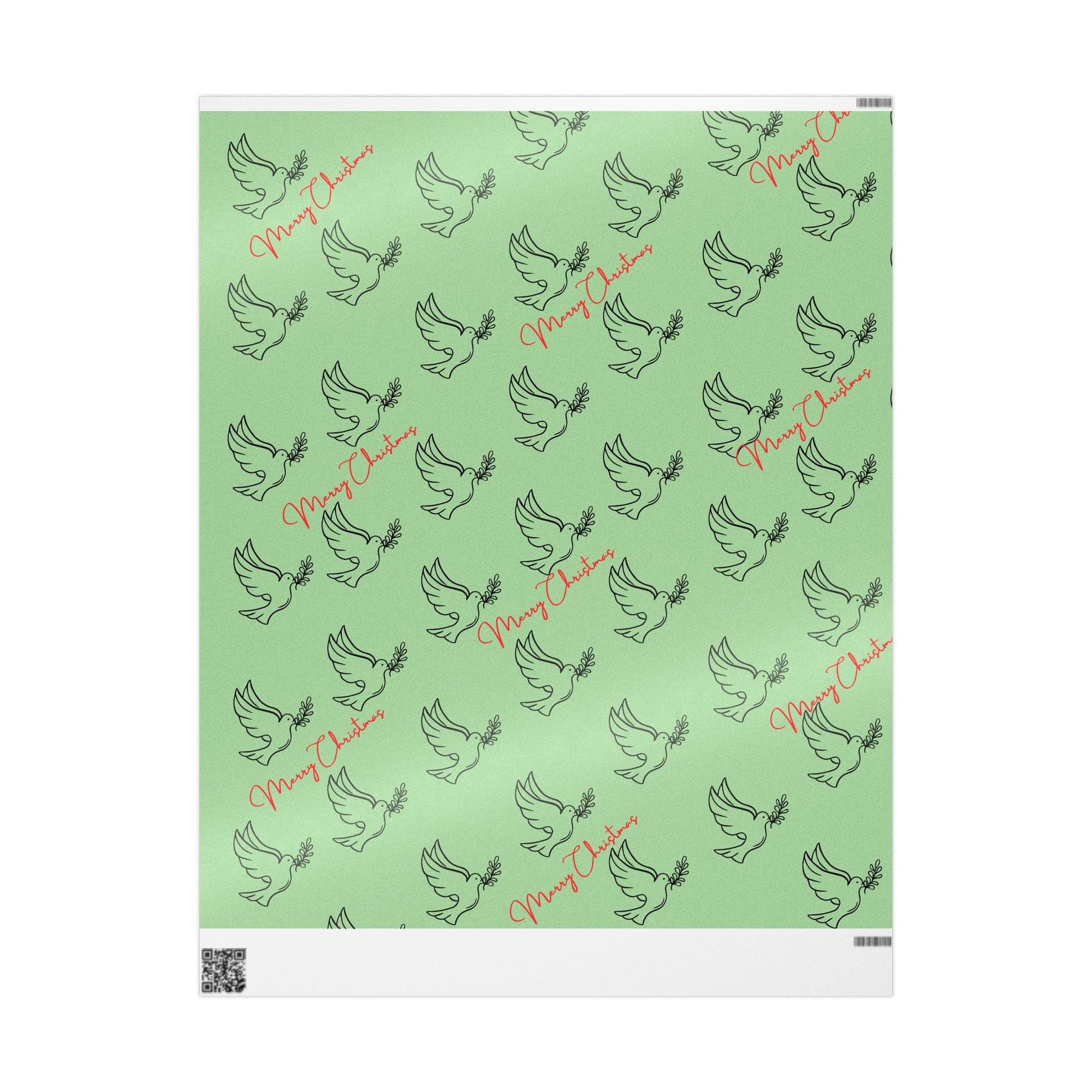 Green wrapping paper with black dove designs and 'Merry Christmas' text on a white background
