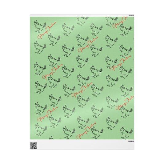 Green wrapping paper with black dove designs and 'Merry Christmas' text on a white background
