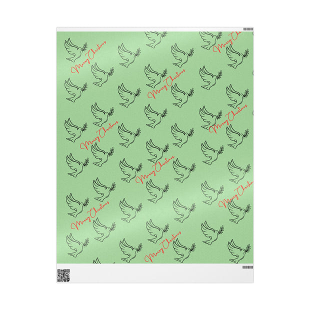 Green wrapping paper with black dove designs and 'Merry Christmas' text on a white background