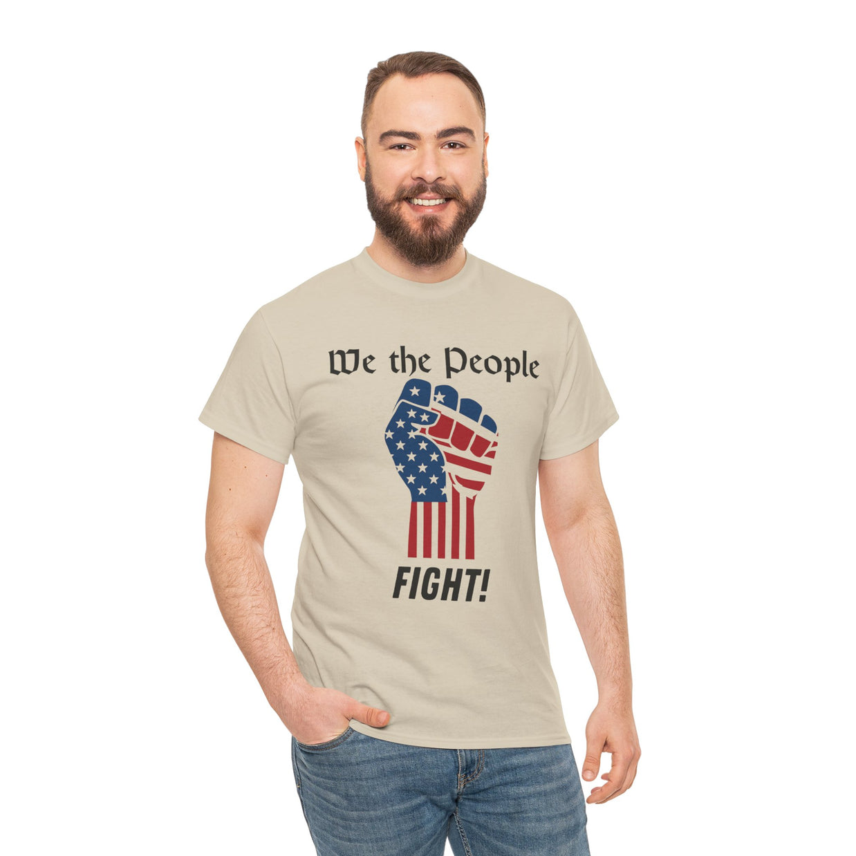 Man wearing a t-shirt with 'We the People' and fist graphic on a white background