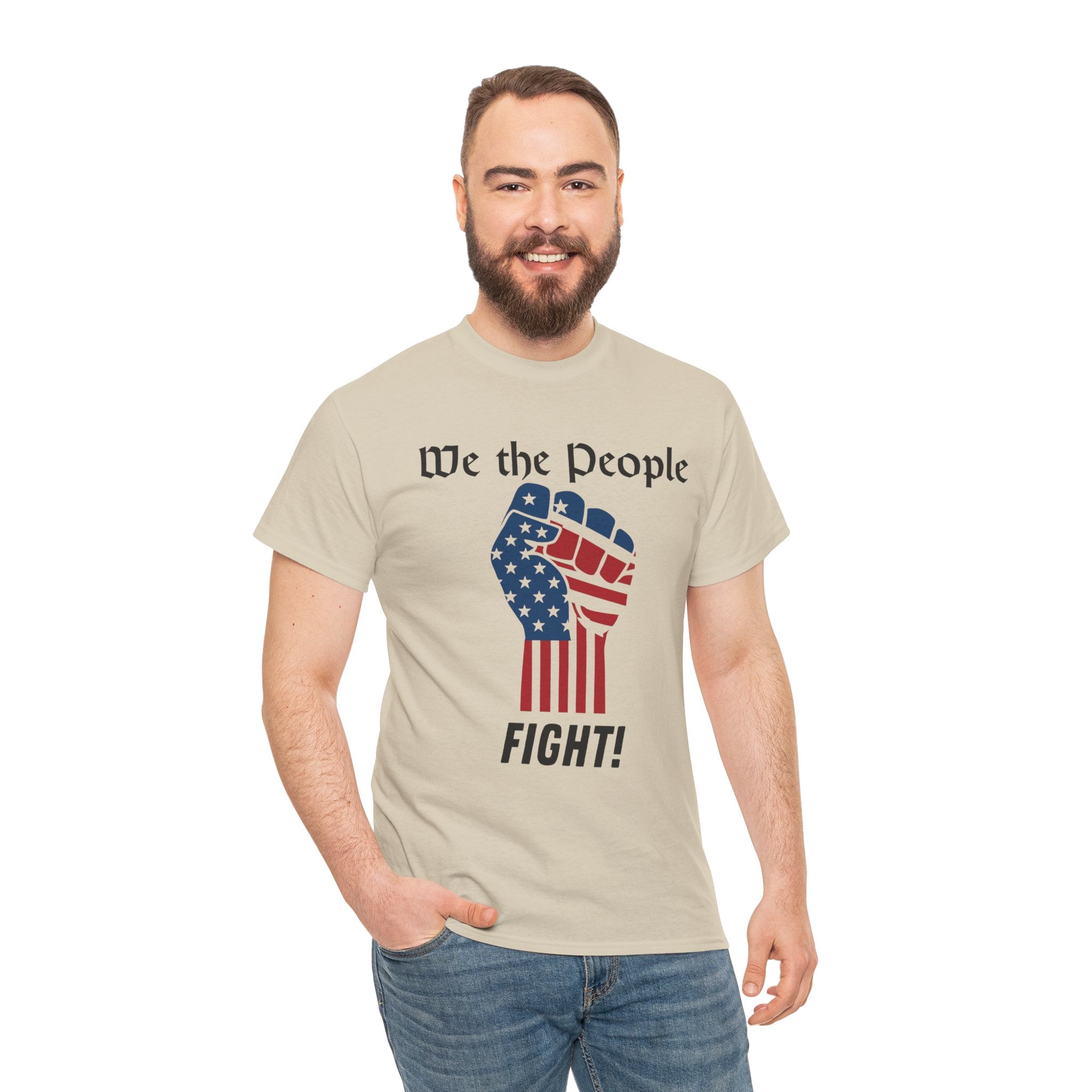 Man wearing a t-shirt with 'We the People' and fist graphic on a white background