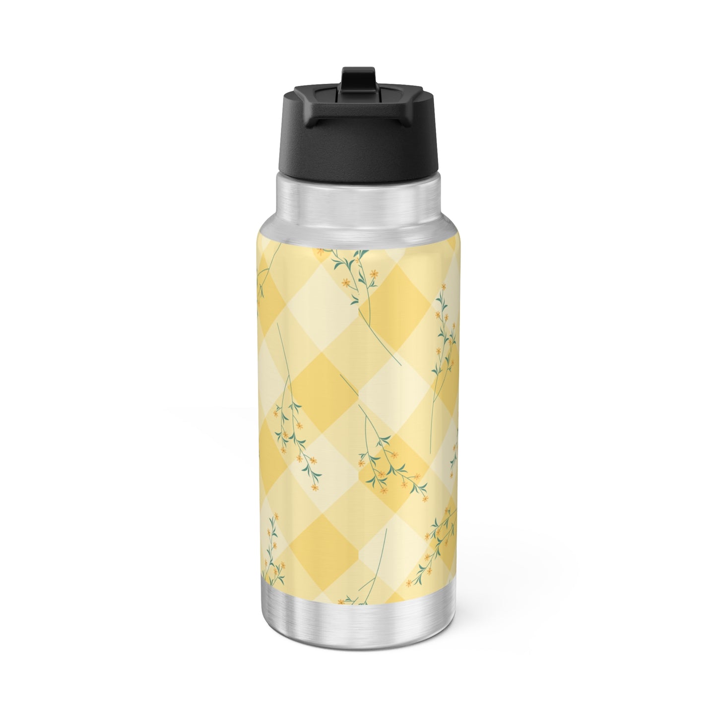 Stainless steel water bottle with yellow pattern and black lid on a white background