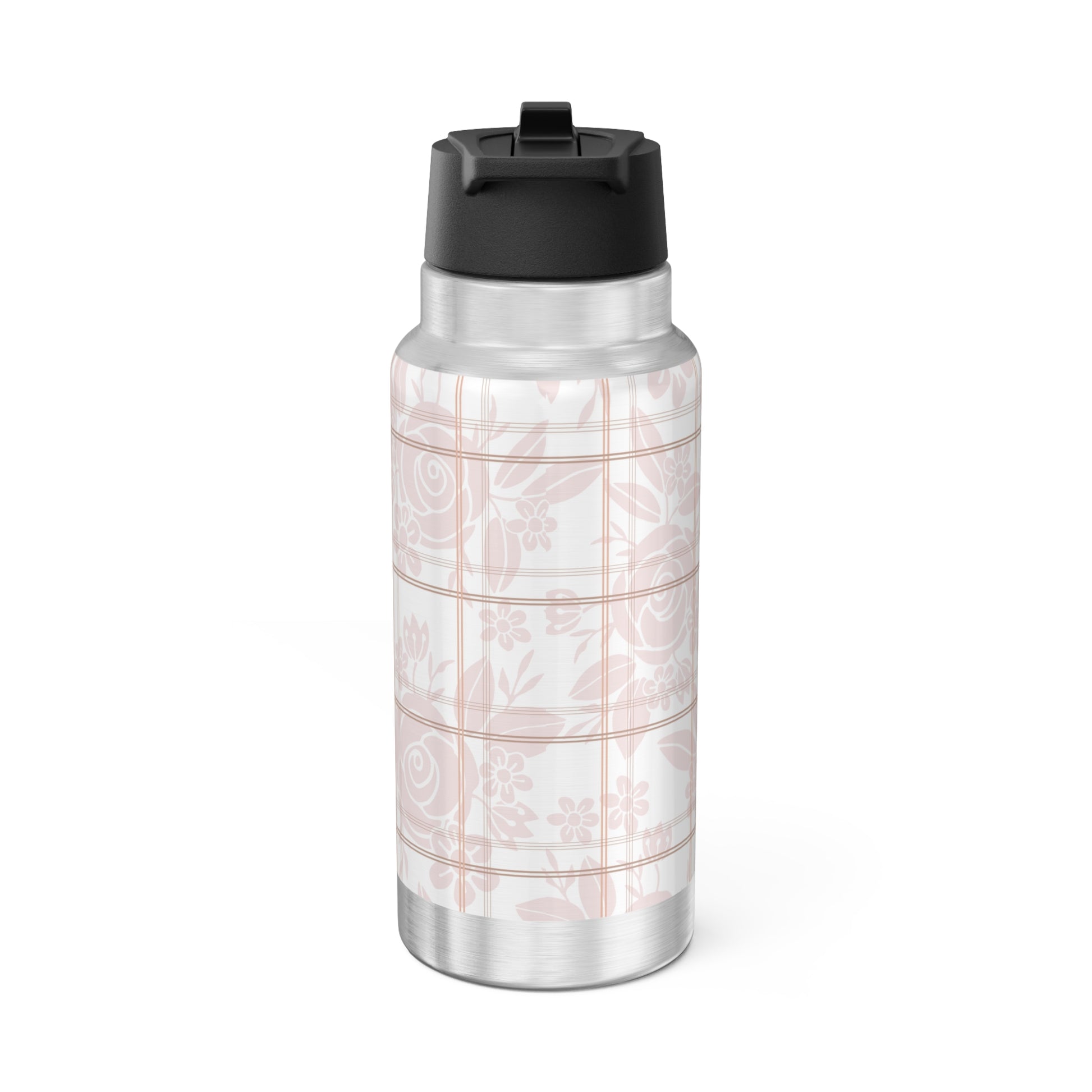 Bac of silver water bottle with black lid and floral pattern on a white background