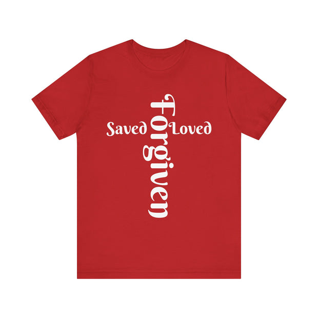 Red t-shirt with white text 'Saved Loved Forgiven' on a white background