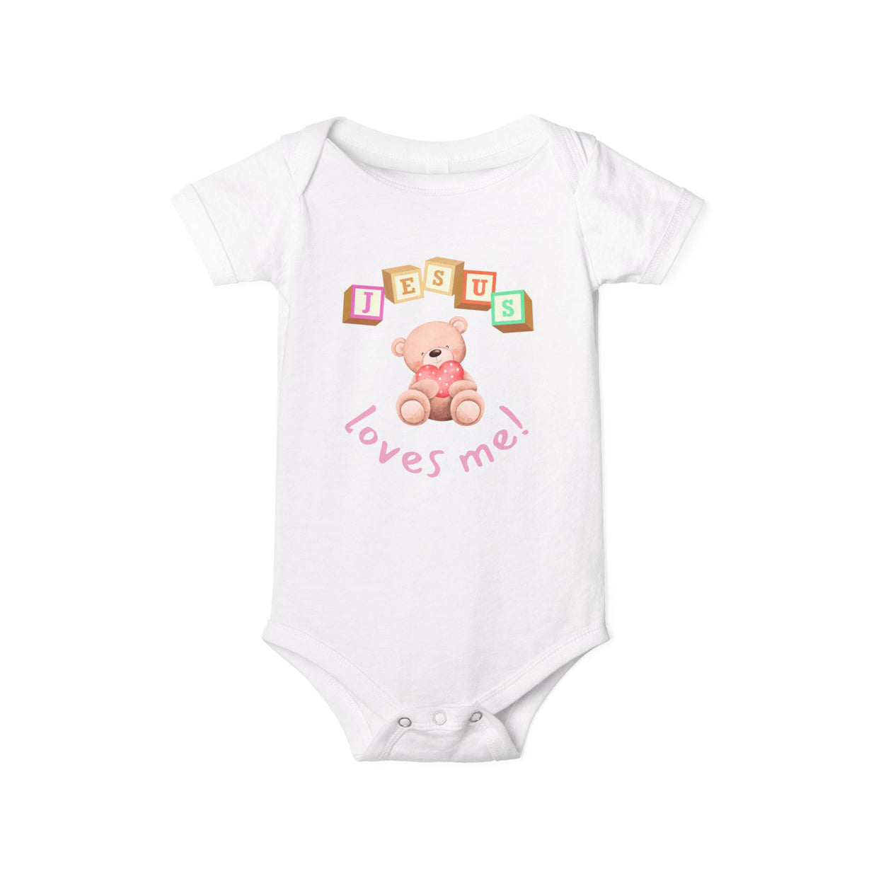 White baby onesie with 'Jesus loves me' text and teddy bear graphic on a white background