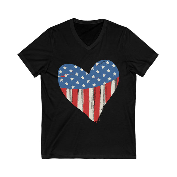 Black t-shirt with a heart-shaped American flag design on a black background