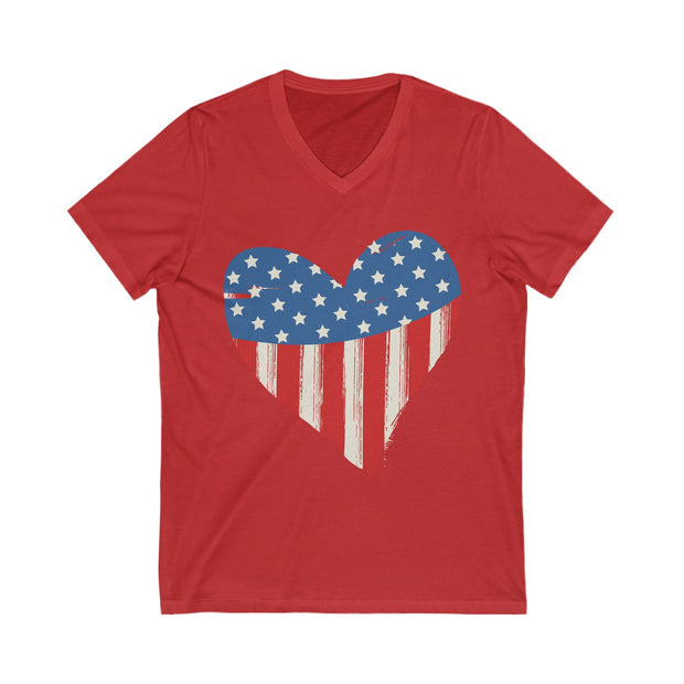Red t-shirt with a blue heart-shaped American flag design on a red background